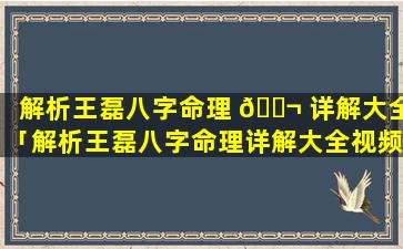 解析王磊八字命理 🐬 详解大全「解析王磊八字命理详解大全视频」
